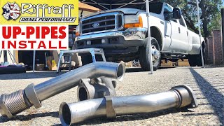 2001 F350 73  RiffRaff UpPipes Install  Stock up pipes leaking and falling apart JUNK SP [upl. by Sidoney31]