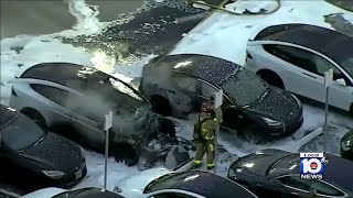 Tesla erupts in flames at Fort Lauderdale dealership [upl. by Oad601]